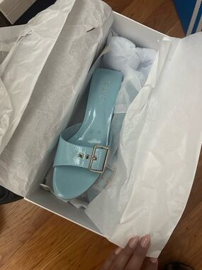 Raye Patent Buckle Slide Sandal in Light Blue